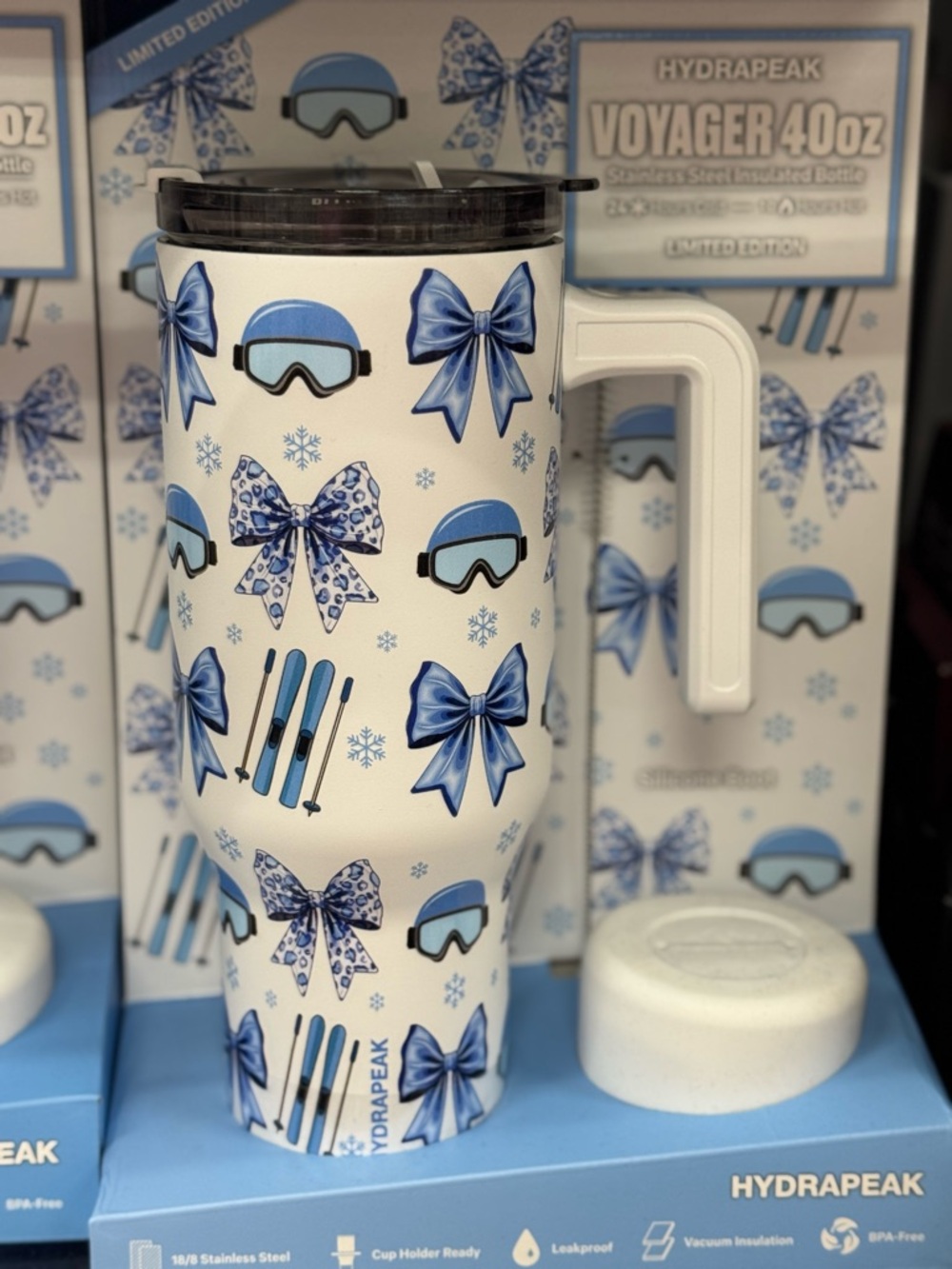 Hydrapeak Voyager 40oz Travel Mug - Blue Ski Bow Pattern